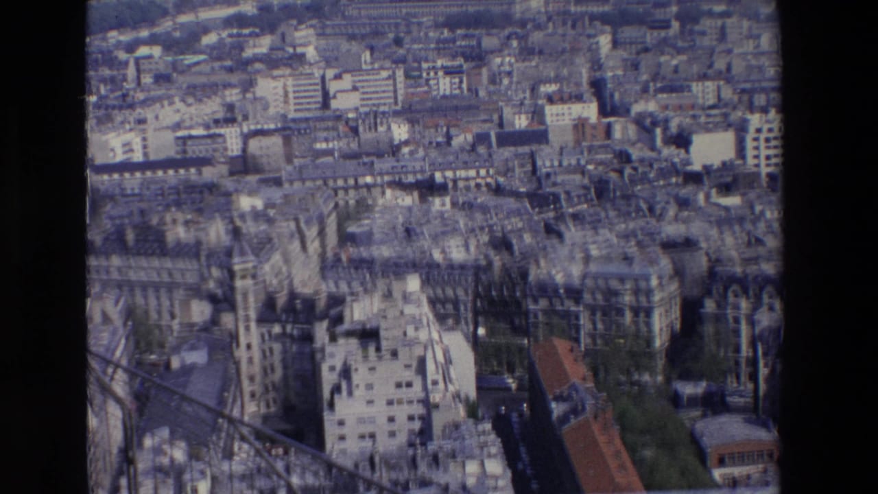 Elevated view over dense Paris buildings and rooftops with streets and trees below.