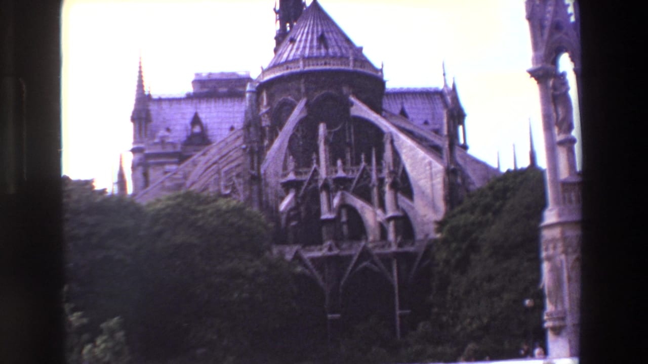 Cathedral rear exterior with flying buttresses, spires, trees, and a dark vertical obstruction.