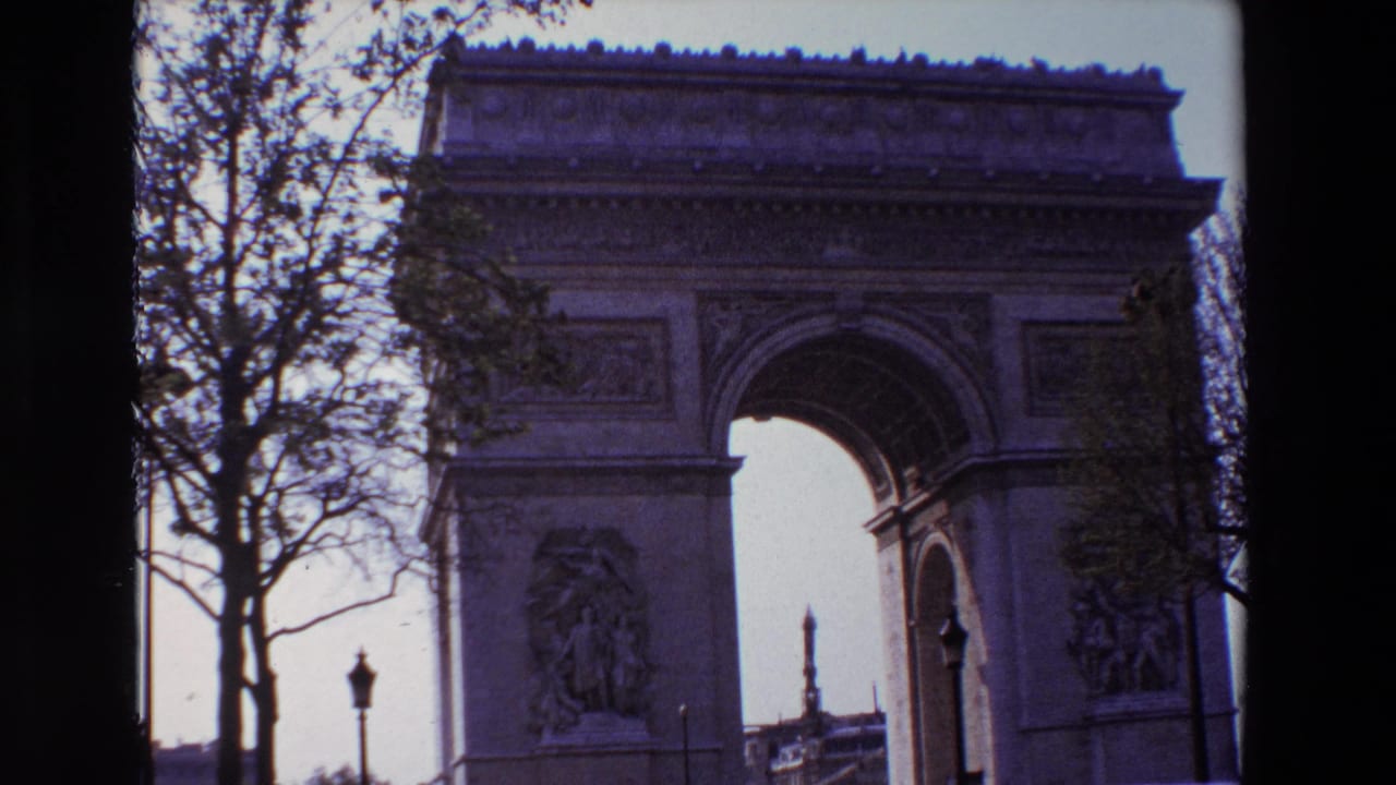 Arc de Triomphe framed by trees with a lamppost and cars along the lower edge.