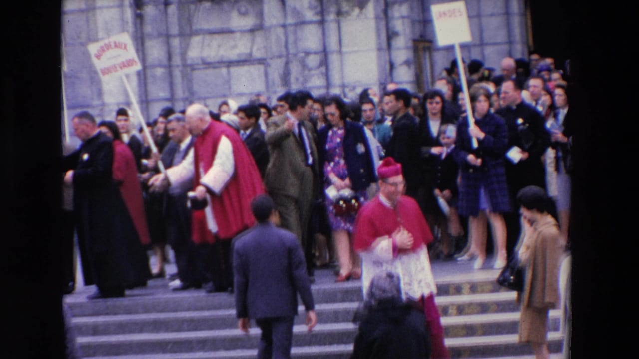 A Paris church entrance scene shows Catholic clergy in red and white vestments near a crowd of laypeople, with signs including Bordeaux Boulevards and Landes visible above them.