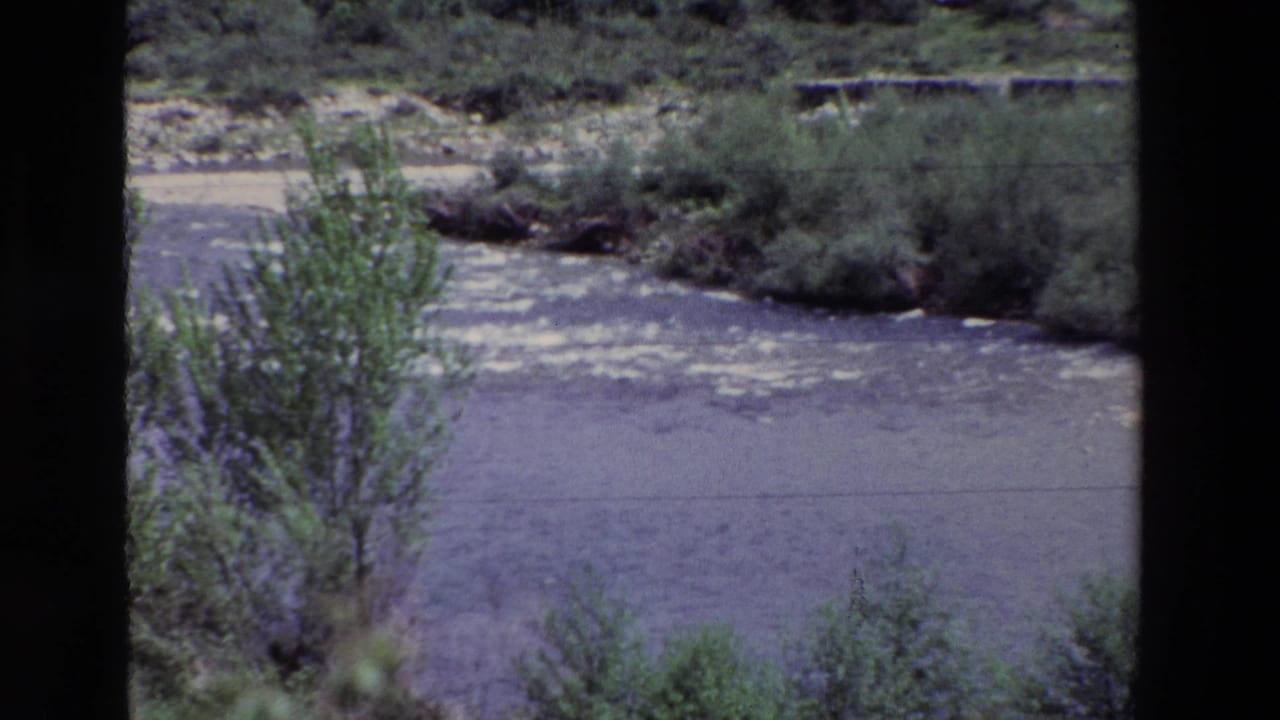 Archival 8mm frame from the 1969 Spain reel showing a narrow stretch of river bordered by scrub vegetation, trees, and pale riverbank deposits.