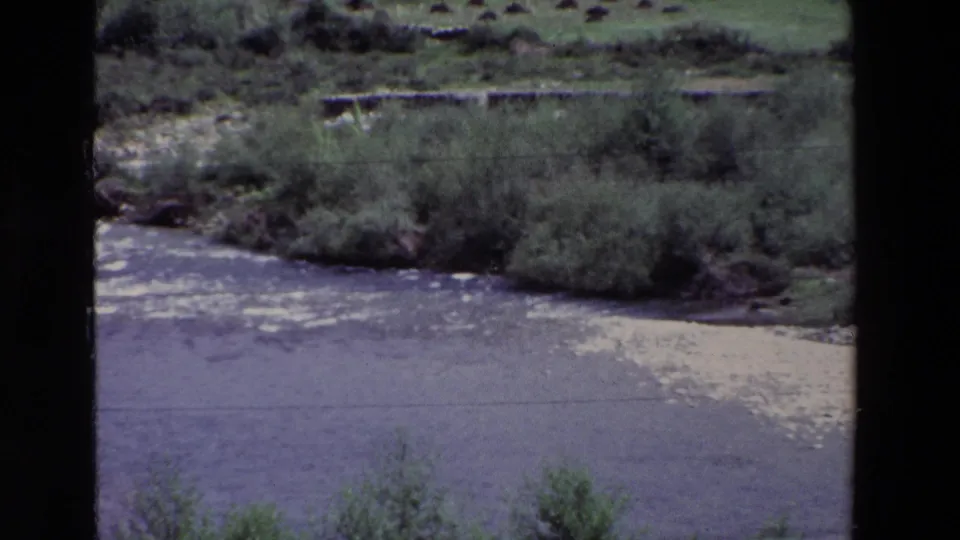 1969 archival 8mm frame showing a river surface with pale floating or reflective patches, low shrubs, grassy banks, and a small distant crossing or structure.