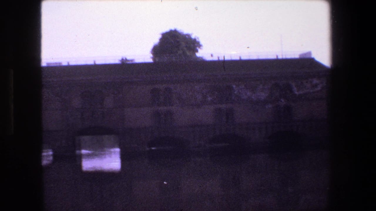 Stone bridge with arched openings over dark water and a tree on the skyline.