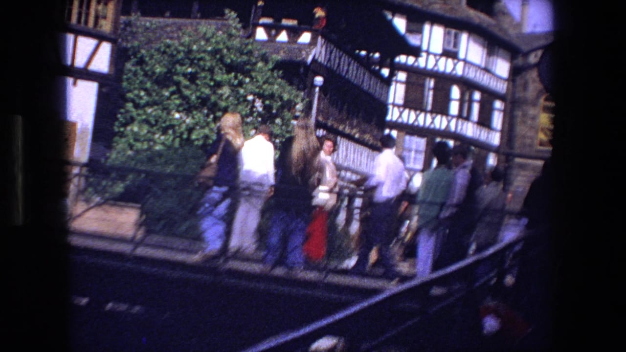 Pedestrians walking on a bridge in front of half-timbered buildings and greenery.