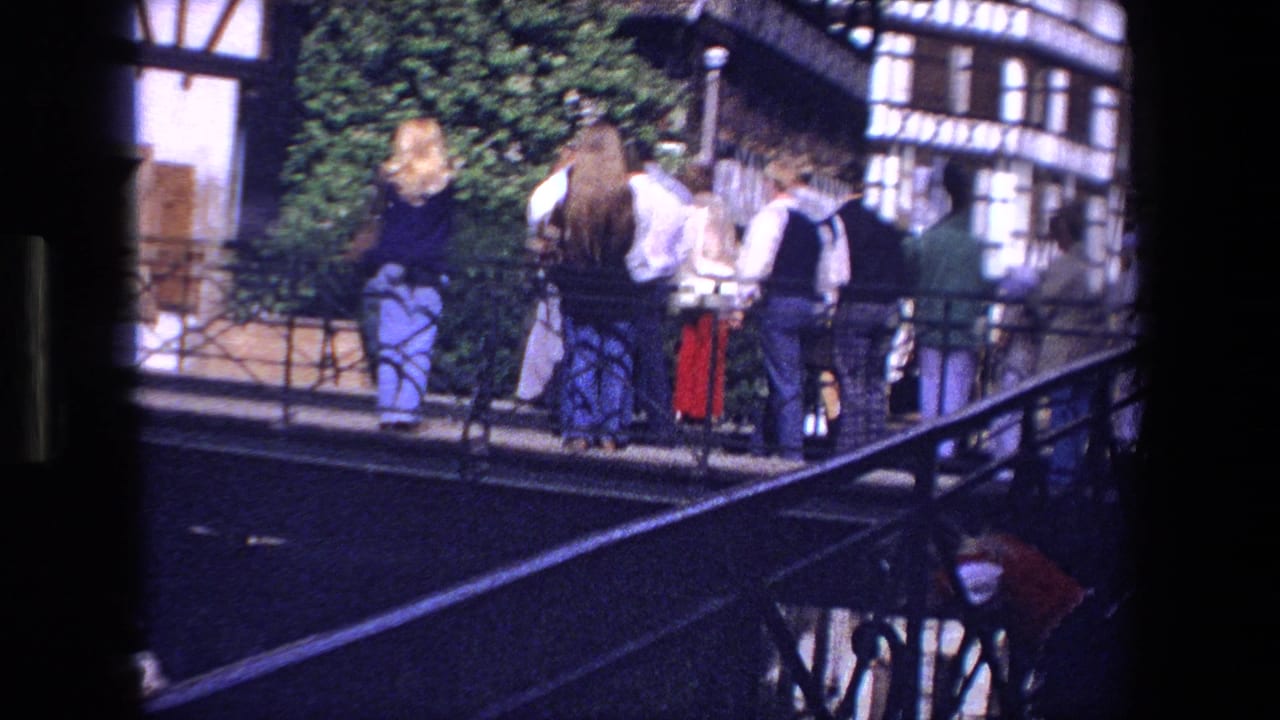 Group of people standing and walking along a bridge with historic buildings behind them.