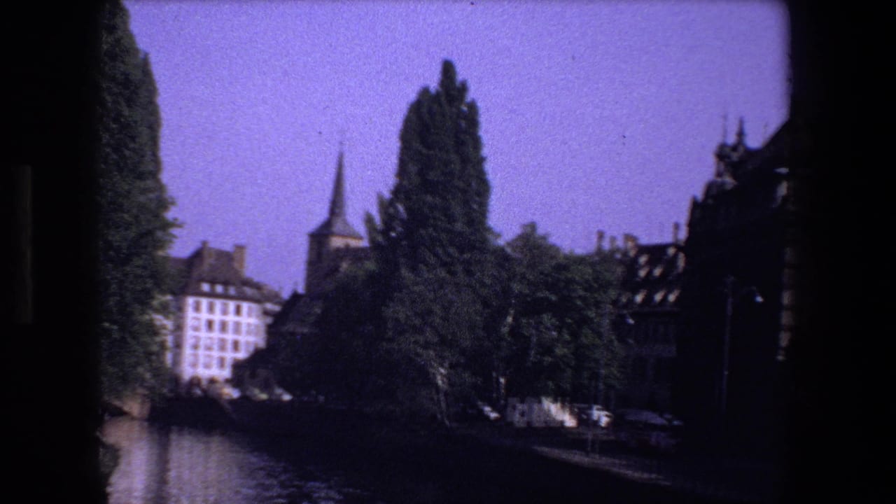 Riverfront view with trees, buildings, and a church spire in the distance.