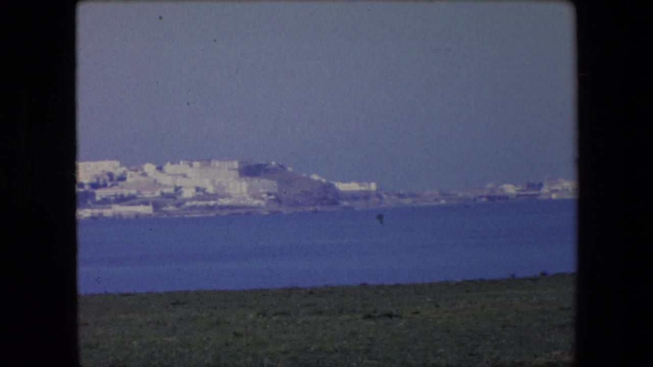 1971 Algeria home-movie frame showing distant white buildings on a coastal hillside across calm blue water, seen from a grassy foreground under a hazy sky.