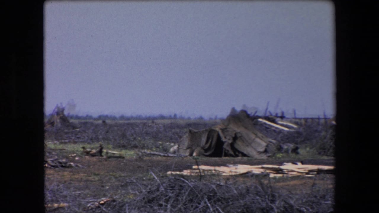 1971 Algeria 8mm frame showing a damaged tent-like canvas structure, scattered boards, broken poles, scrub vegetation, and a flat horizon.