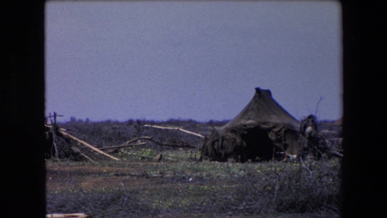 Small damaged hut and debris in a flat rural landscape.