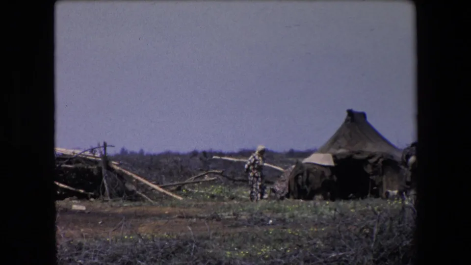 1971 Algeria 8mm frame showing a person at a distance near a dark shelter and conical thatched hut, with scrub vegetation and branch structures across the ground.