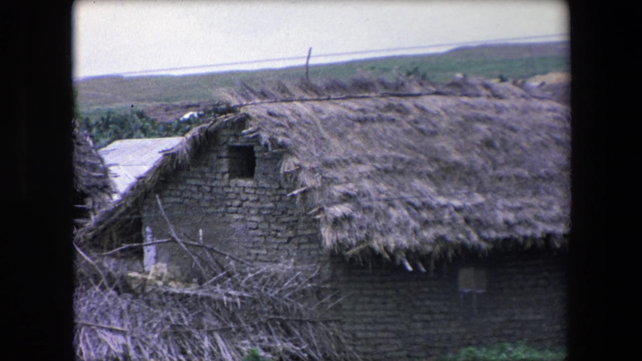 A rural Algerian thatched-roof mud-brick house appears in 1971 8mm footage, with brush fencing, green grass, and open land beyond.