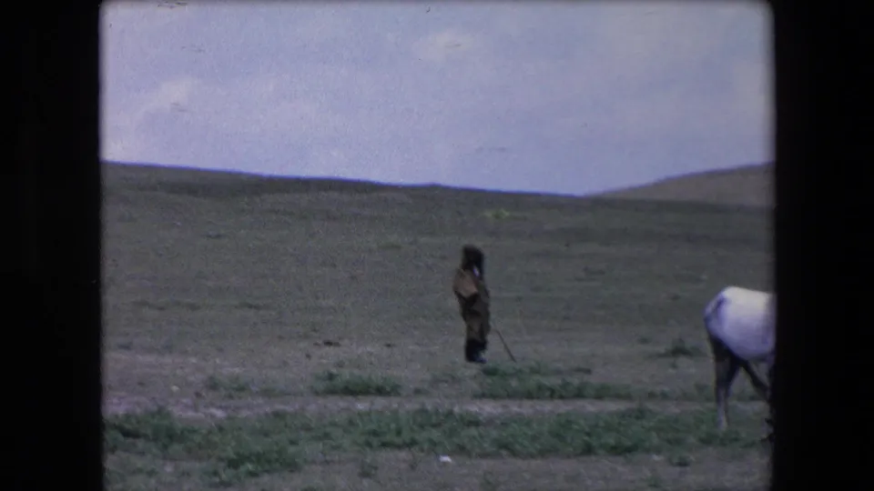A distant shepherd stands in an open Algerian field near a horse in 1971 home-movie footage, with low hills and a pale sky in the background.