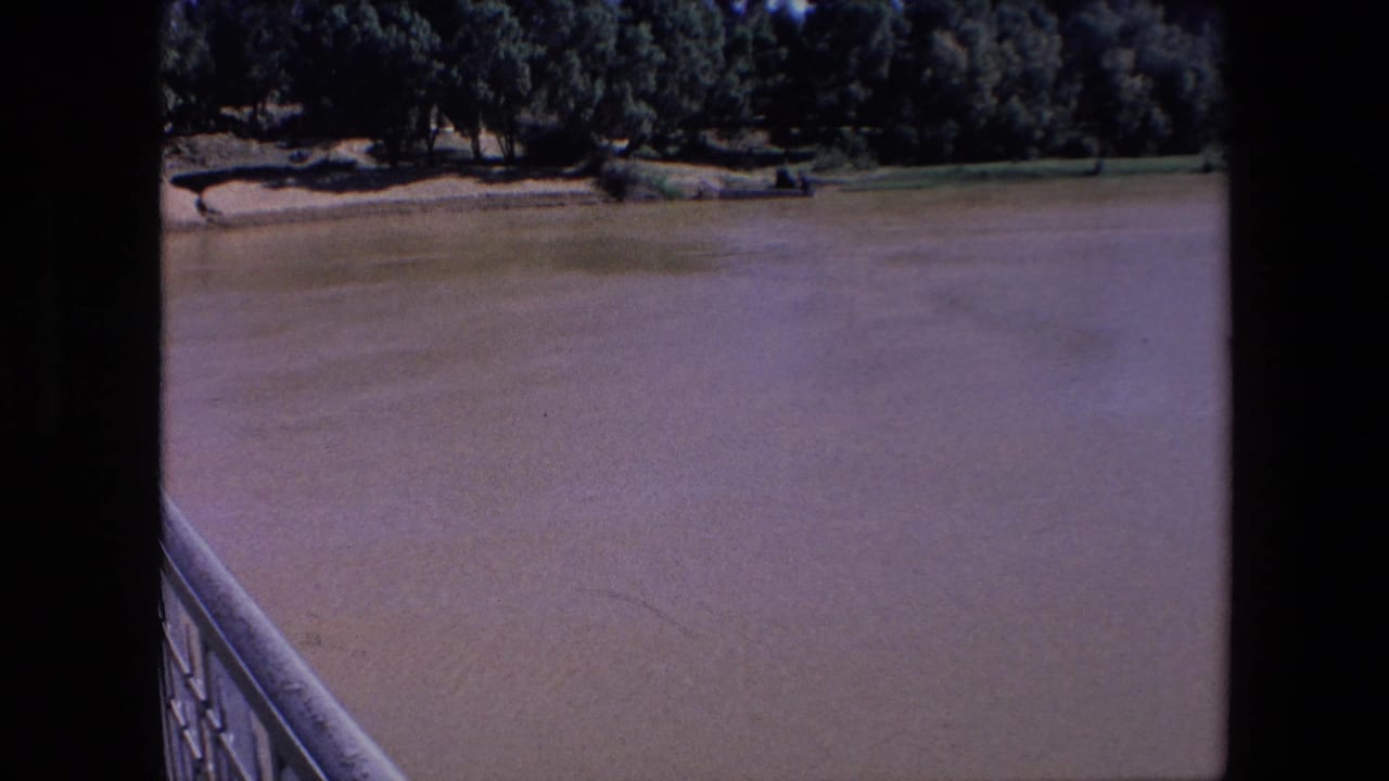 1971 Algeria 8mm frame showing a broad muddy river viewed from an elevated position, with dense trees across the far bank and a bridge-like metal railing at lower left.
