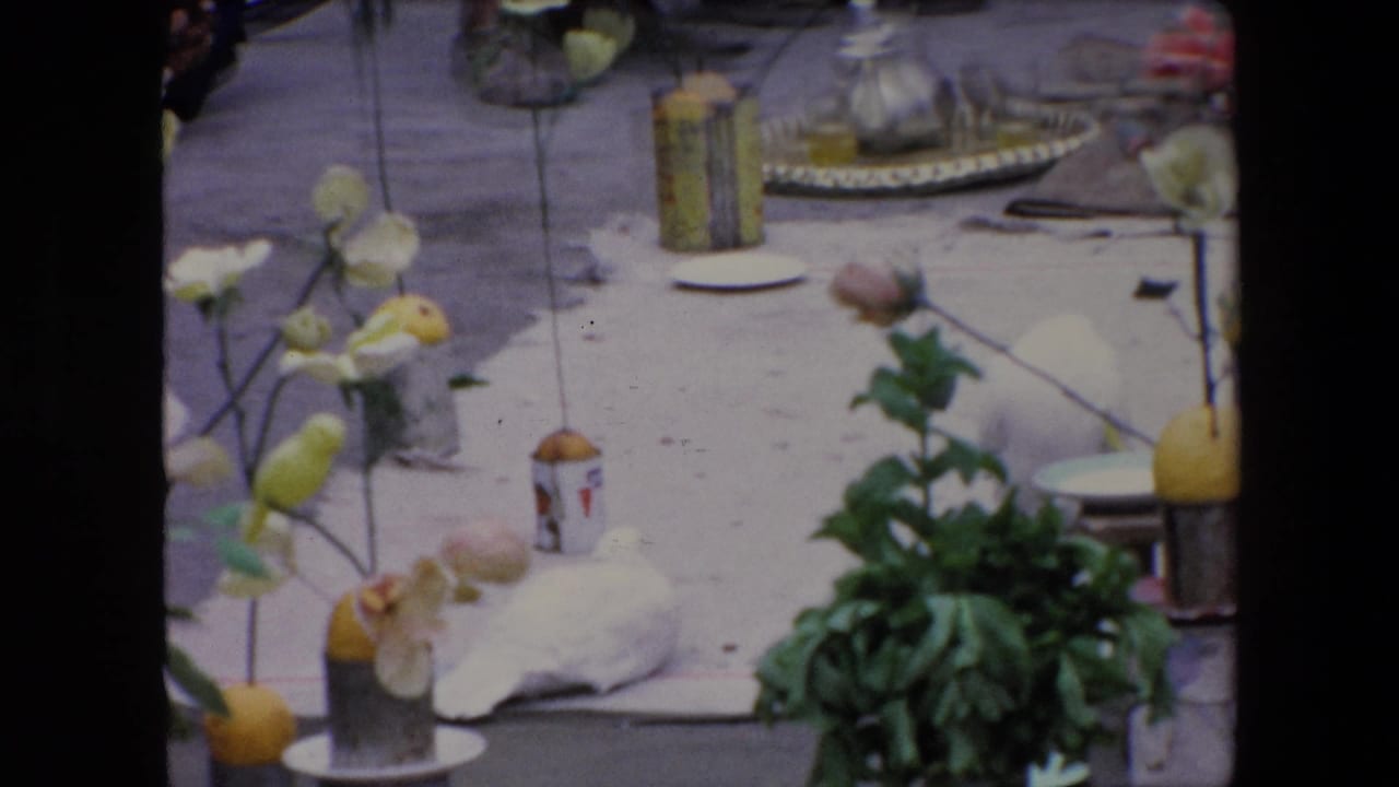 1971 Algeria 8mm frame centered on a pavement display with flowers in jars, lemons or yellow fruit, small containers, a white cloth bundle, and a leafy plant during an outdoor religious event.