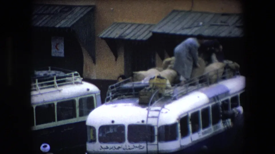 A man stands among sacks on the roof of a white bus in Algeria, with roof rails, Arabic lettering, nearby people, and a building with metal awnings visible in the frame.
