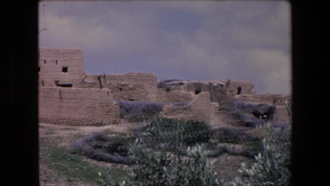 Weathered earthen buildings and low vegetation viewed from afar.
