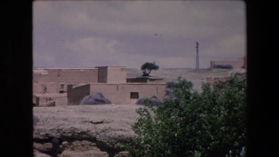 1971 Algeria 8mm frame with adobe rooftops, green shrubs in the foreground, a lone tree, small distant figures, and a utility pole on the horizon.