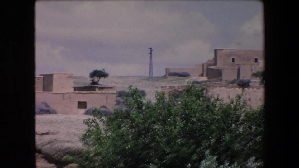 1971 Algeria 8mm frame during a slow pan across an adobe village, showing flat roofs, foreground shrubs, a small tree, dry terrain, and a distant pole.