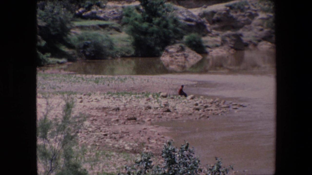 1971 Algeria 8mm frame with a lone dark-clothed person seated on a rocky riverbank across from shrubs, boulders, and arid terrain.