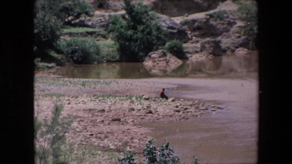 1971 Algeria 8mm frame showing a wider view of the rocky shoreline, muddy river, seated figure, shrubs, and dry hillside beyond.