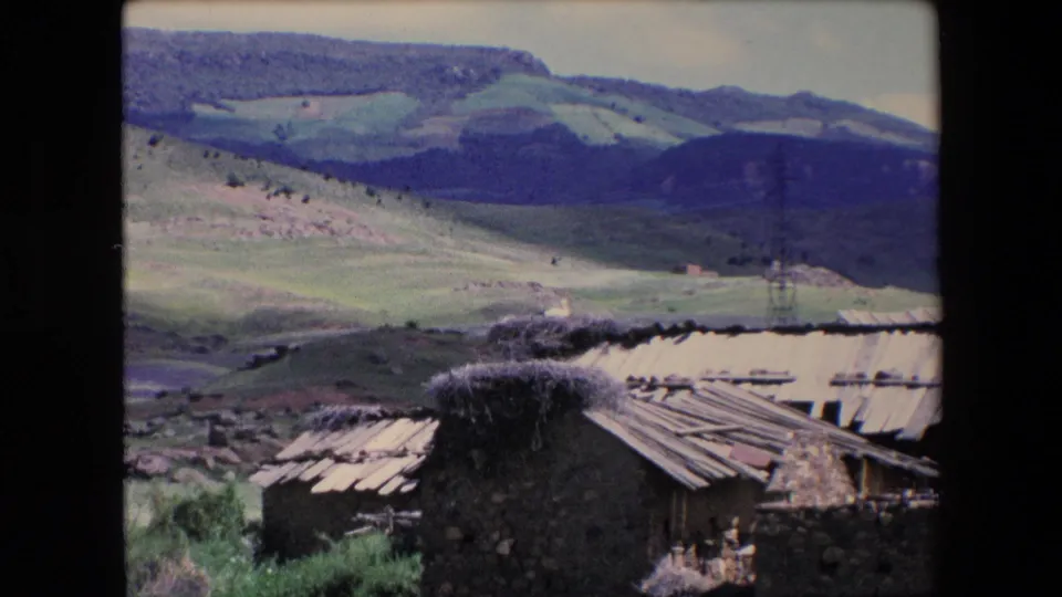 The frame looks over rough stone rooftops and a green hillside landscape, with distant fields and utility lines visible in 1971 Algeria footage.