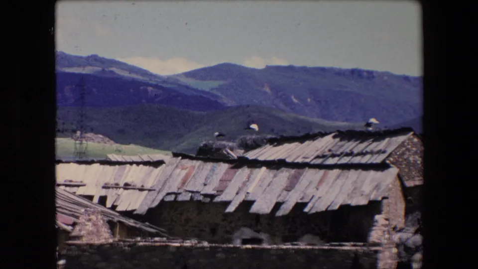 1971 Algeria 8mm frame of low stone buildings with corrugated metal roofs, rooftop stork nests, and mountains in the background.