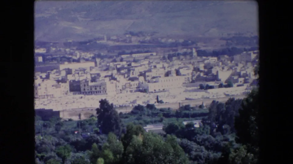 1971 Algeria 8mm frame from the end of the pan, looking over foreground trees toward the pale town and distant dry hillside.