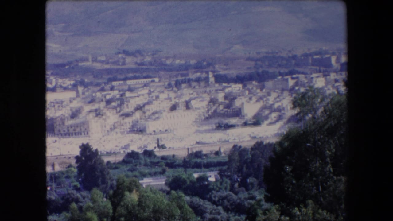 1971 Algeria 8mm frame showing a distant elevated view over light-colored town buildings, foreground trees, roads, and hazy hills in the background.