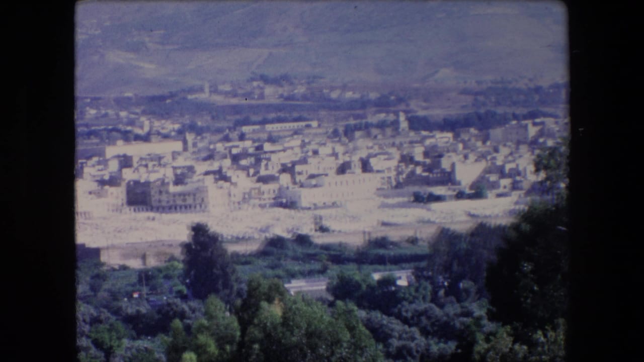 Wide town view from above with pale buildings, green trees, roads, and hills in the distance.