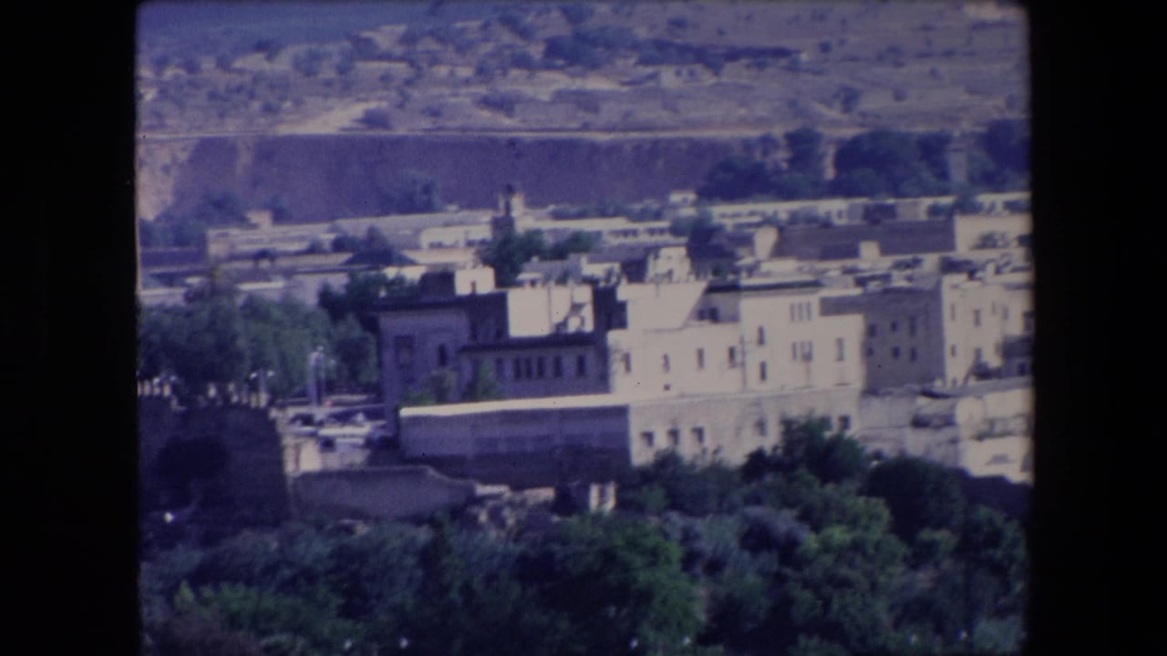 1971 Algeria 8mm frame showing an elevated city view with white low-rise buildings, dark trees, old crenellated walls, and pale hills in the background.