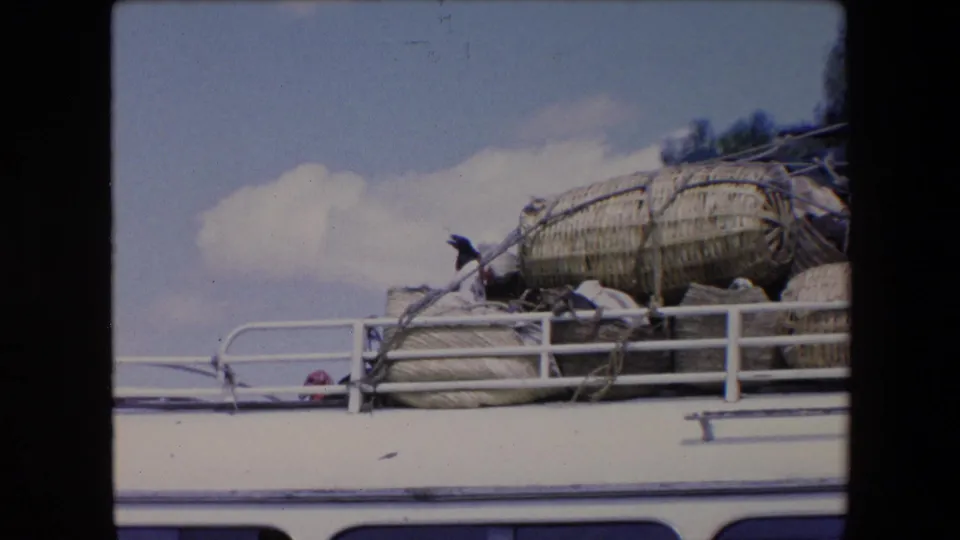 A wider 1971 Algeria frame shows the roof of a white van loaded with woven baskets, ropes, and live birds under a blue sky.