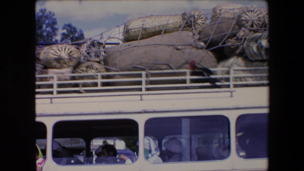 A bus in Algeria, dated by metadata to 1971, appears crowded with bundled roof cargo while passengers sit behind the windows below.