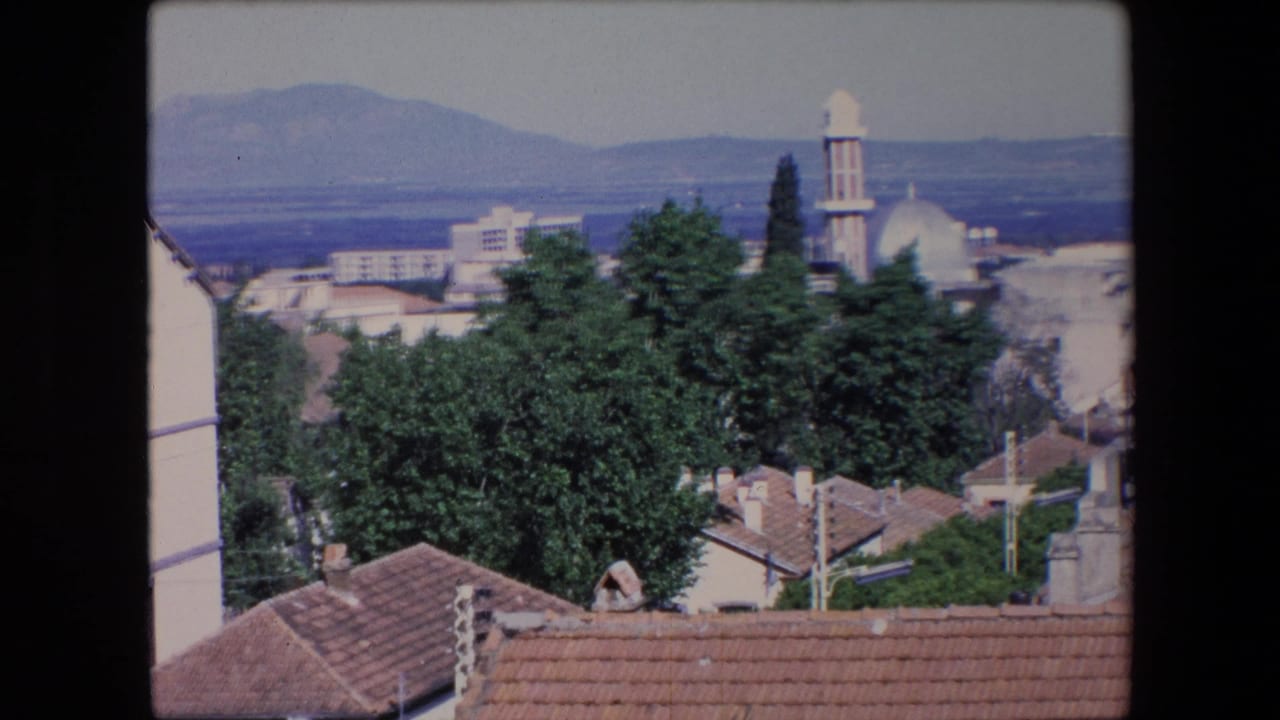 1971 Algeria 8mm frame showing terracotta rooftops and trees below a pale mosque dome and minaret, with mountains across the horizon.