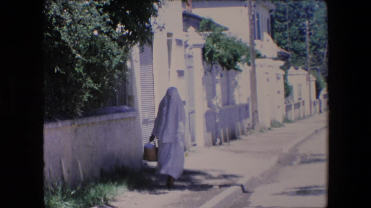 In metadata-supported 1971 Algeria, a woman in a white full-body covering walks along a quiet residential street beside a low wall while carrying a basket.
