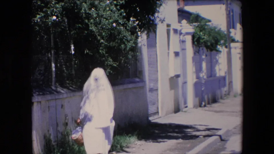 In Algeria in 1971 according to clip metadata, a woman in a white covering walks beside a wall and trees while carrying a woven basket on a bright street.