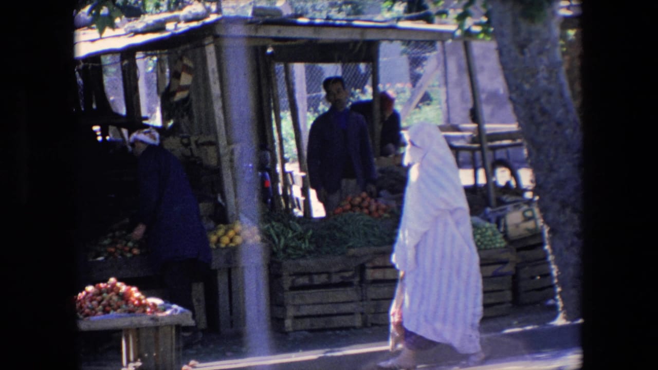 A woman in white passes fruit and vegetable stalls in an Algerian outdoor market, with vendors or shoppers standing near wooden crates under trees.