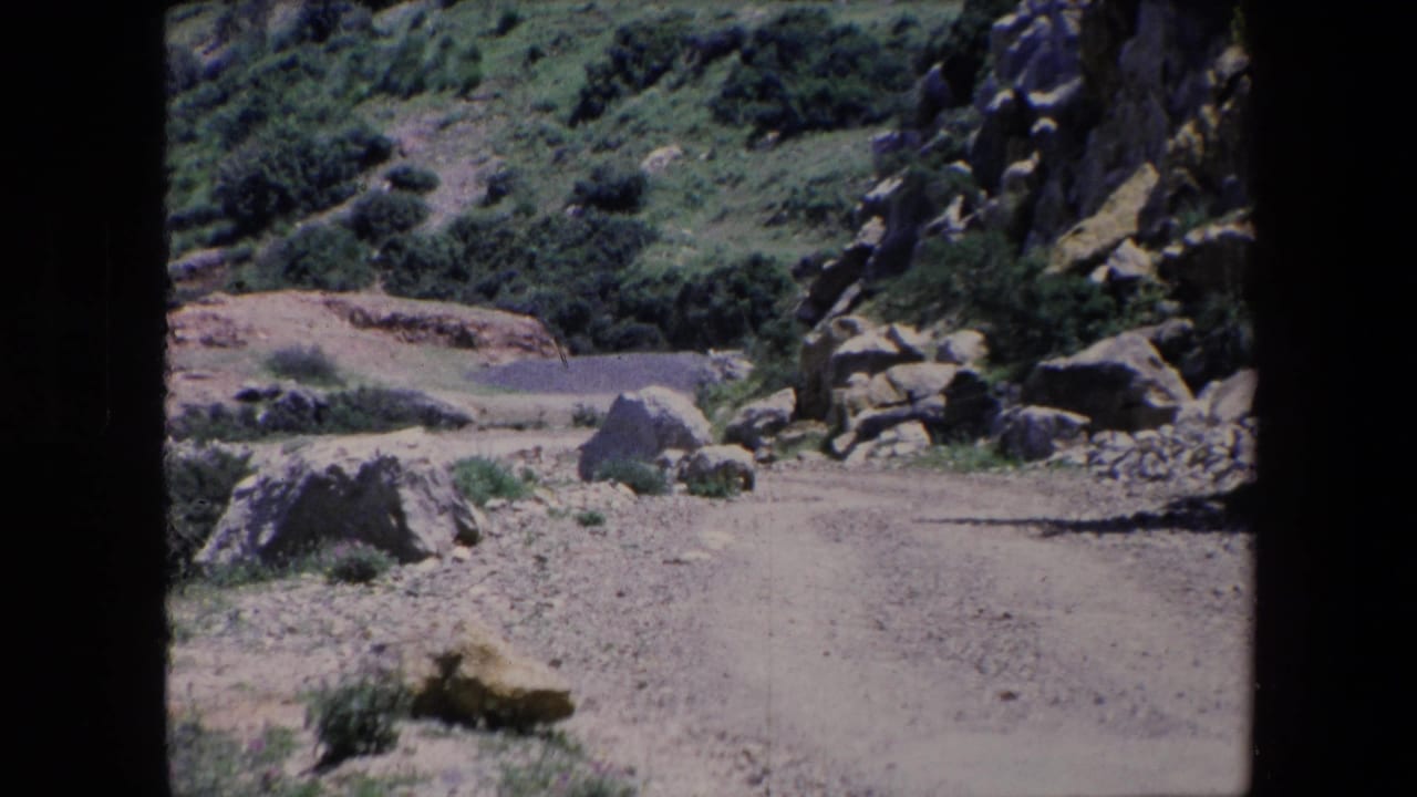 1971 Algeria 8mm frame showing a sunlit dirt path curving between scattered boulders, rocky outcrops, and green hillside vegetation.
