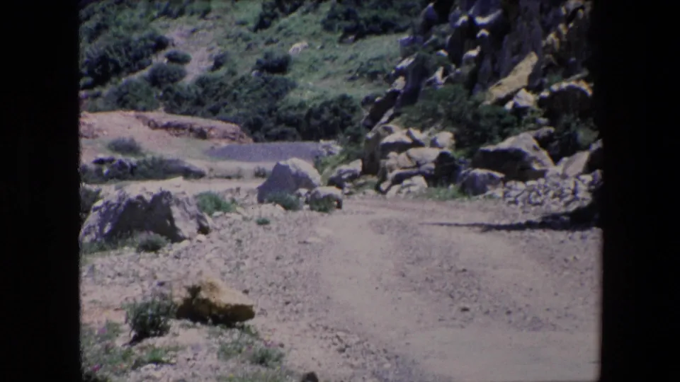 1971 Algeria 8mm frame showing a dusty rocky path curving past scrub vegetation and large boulders in a rugged hillside setting.