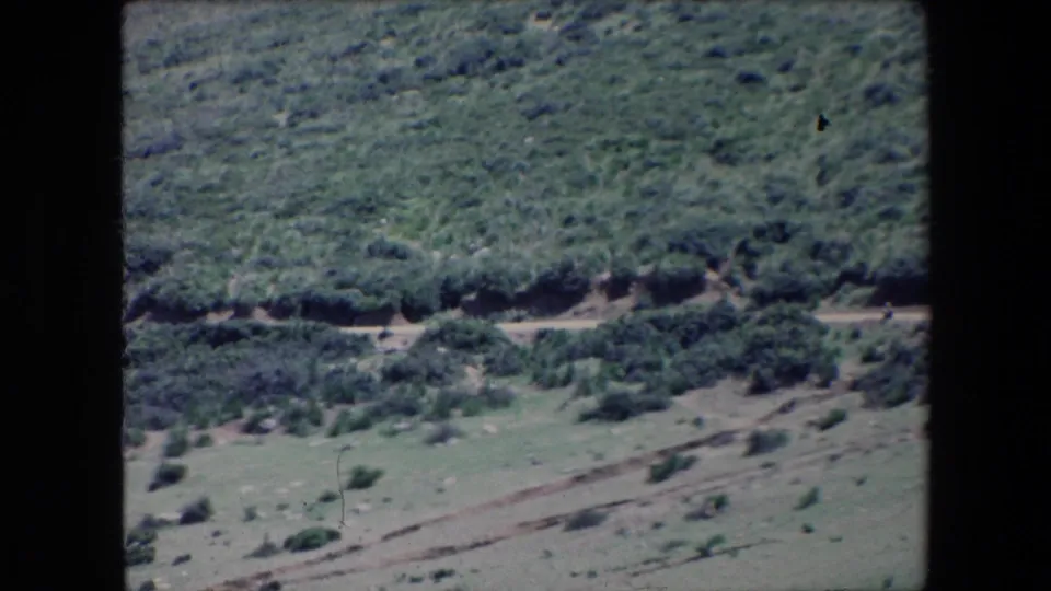 1971 Algeria 8mm frame of a shrub-covered hillside where a pale dirt track runs across the scene with tiny distant figures near the road.