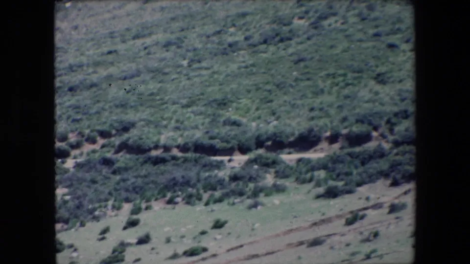 1971 Algeria 8mm frame showing an elevated view of a scrubby hillside with a pale dirt road cutting across the lower terrain.