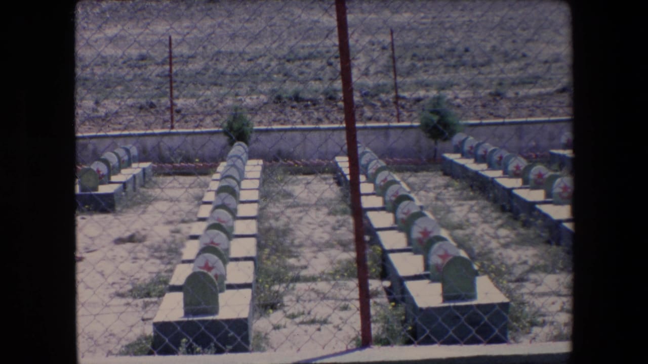 1971 Algeria 8mm frame showing rows of green grave markers with red star emblems behind a chain-link fence in an arid cemetery.