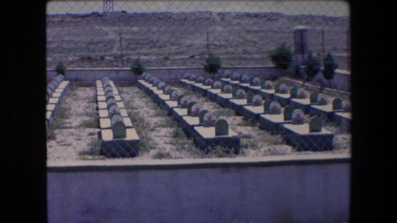1971 Algeria home-movie frame showing rows of white grave bases with green headstones and red star markings viewed through a chain-link fence in an arid landscape.
