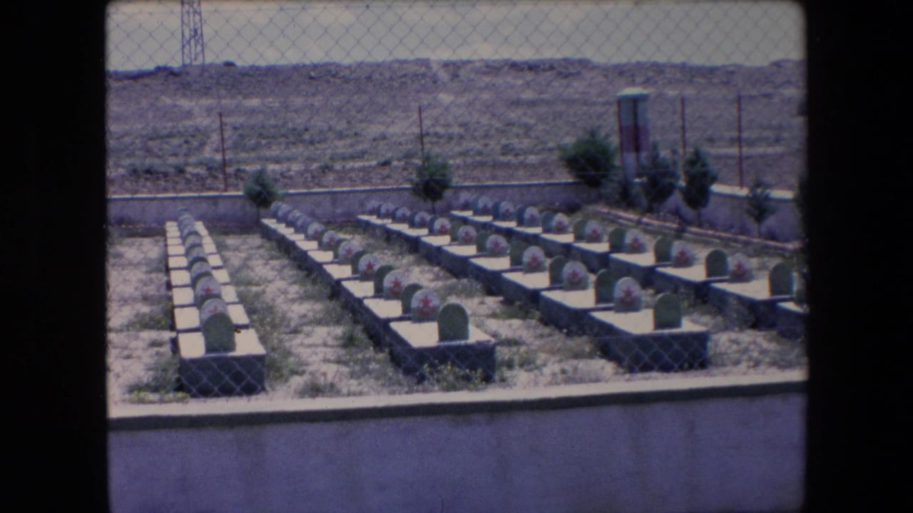 1971 Algeria 8mm frame showing rows of uniform graves with green headstones and red star markings, viewed through a chain-link fence against an arid hillside.