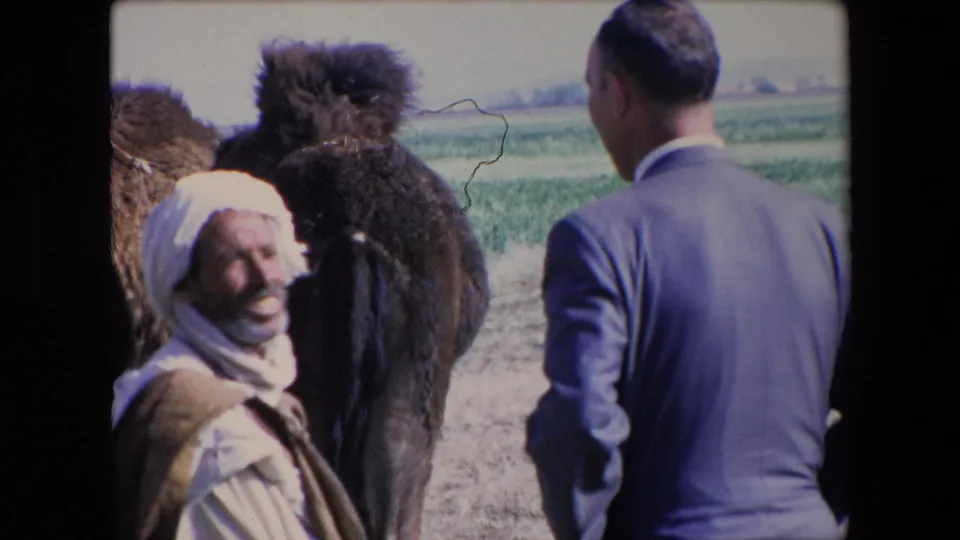 In the 1971 Algeria clip, a smiling man in a white turban stands beside a large dark animal likely a camel as the suited man faces away in an open field.
