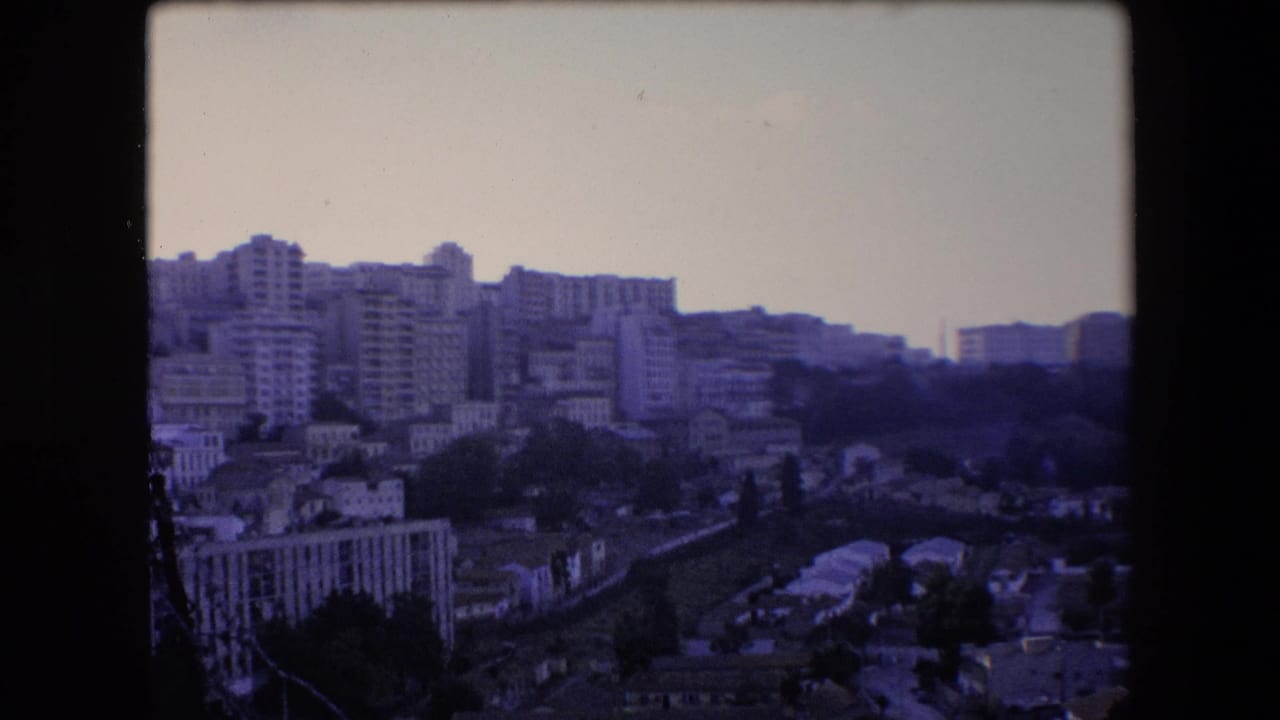 City skyline with clustered apartment blocks, hillside buildings, and trees.
