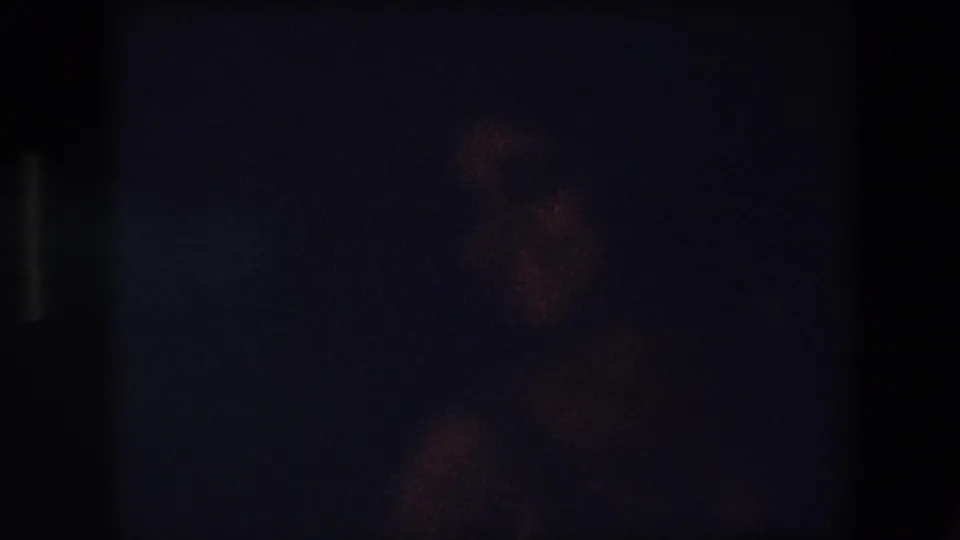 Very low-light 8mm frame from the Algeria clip where the dancer is mostly obscured by shadow and motion blur, leaving faint warm highlights in the frame.