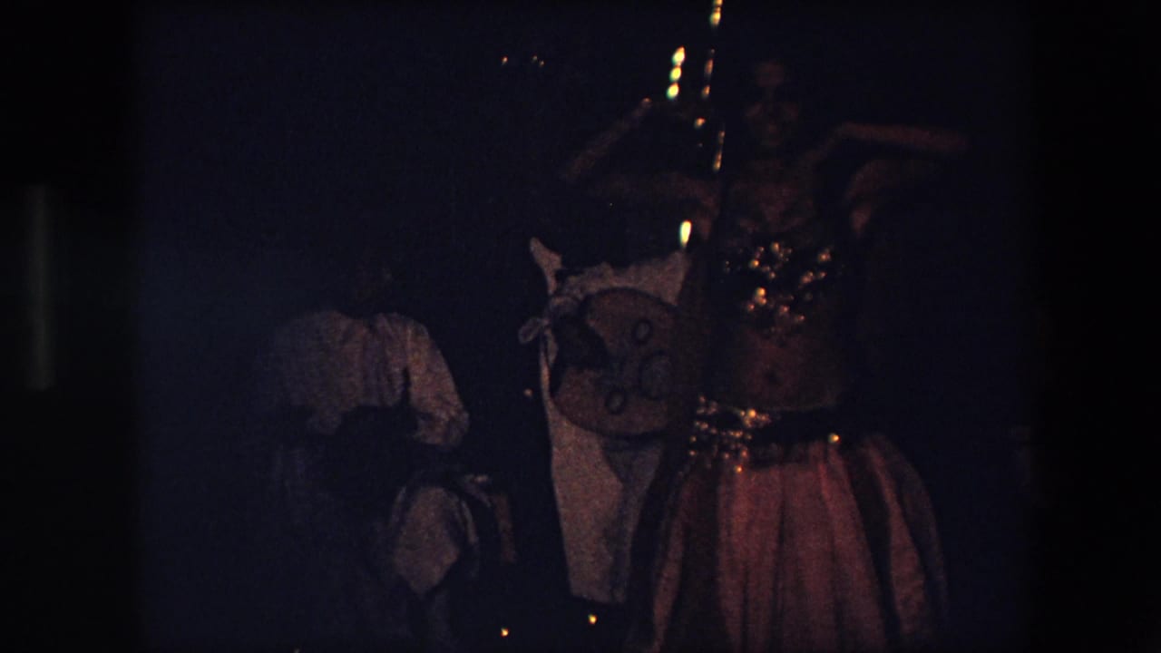 In 1971 Algeria home-movie footage, a belly dancer in an embellished costume is seen under very low light with several partially visible figures behind her.