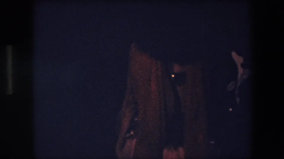 A sequined performer is seen from the side or back in Algeria 1971 footage, with most of the outdoor setting falling into deep shadow.