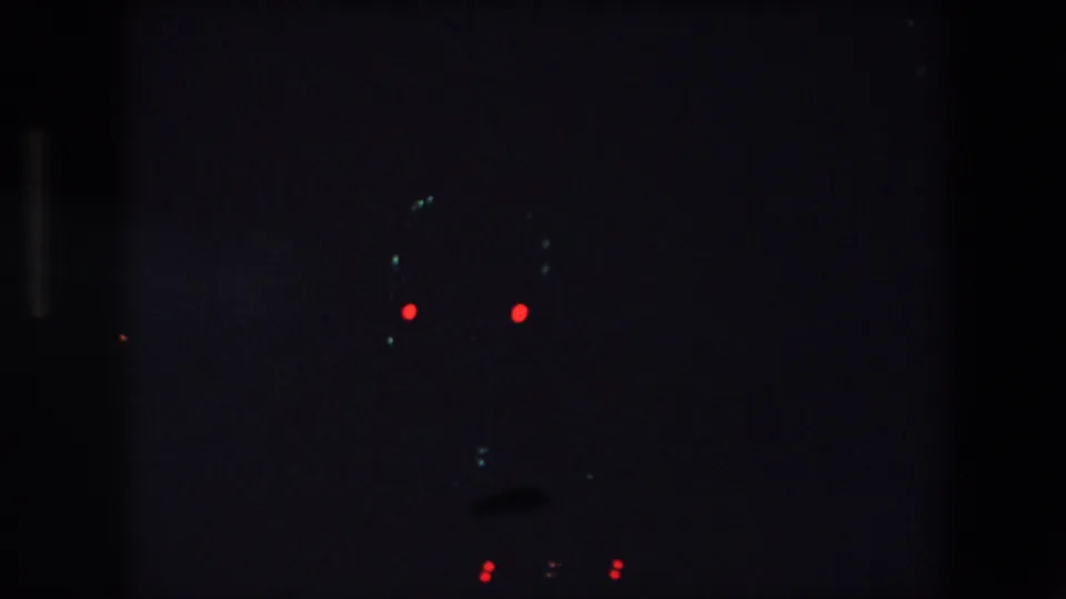 Final low-light frame from the 1971 Barcelona road sequence, with isolated red tail lights and dim greenish points visible in the darkness.