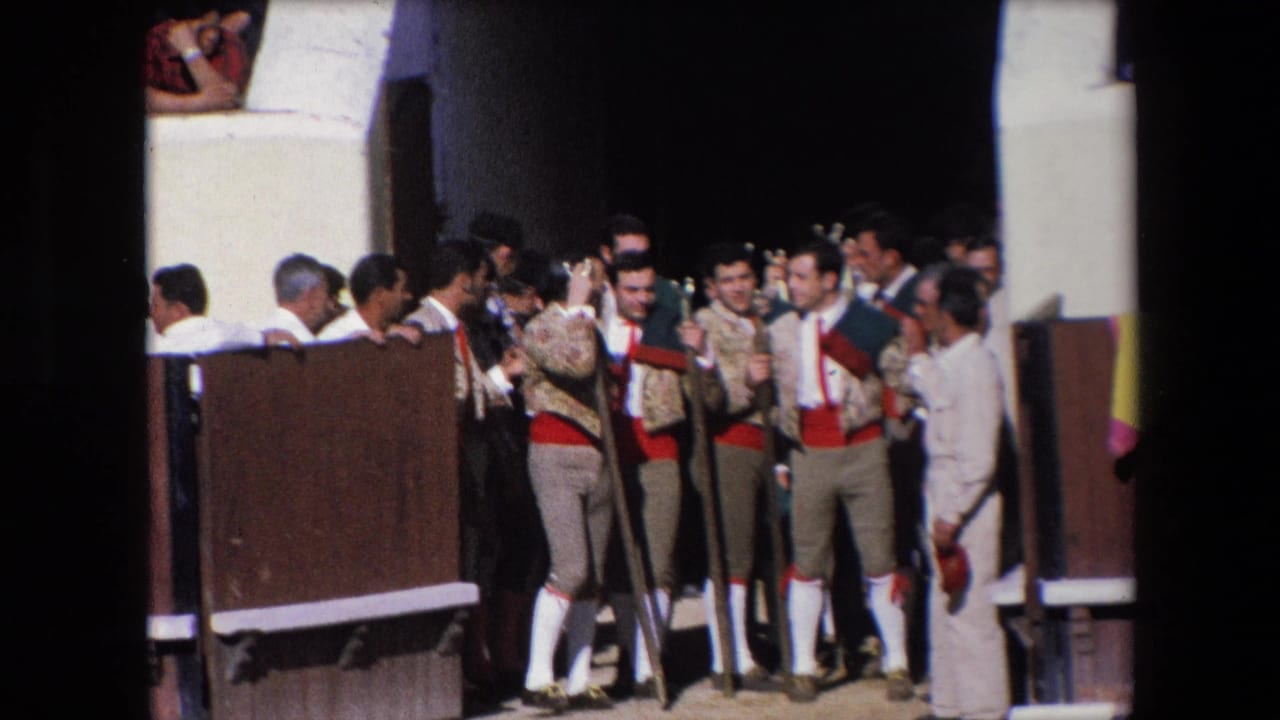 Costumed matadors cluster by the open gate with staffs while a man in a light suit stands nearby.